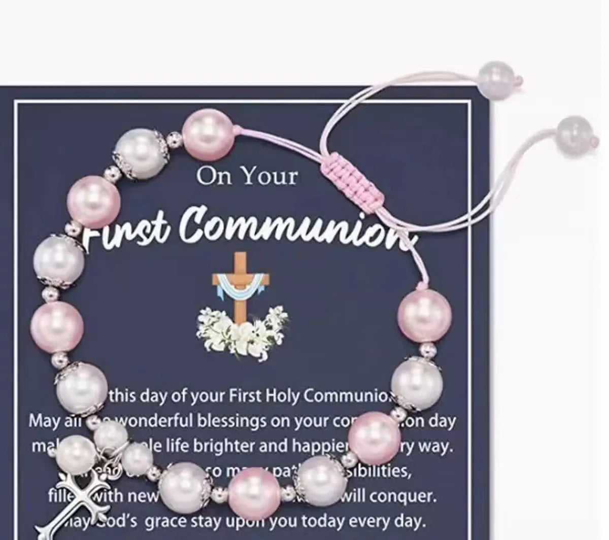 Pink and White Beads Cross Communtion Black Card