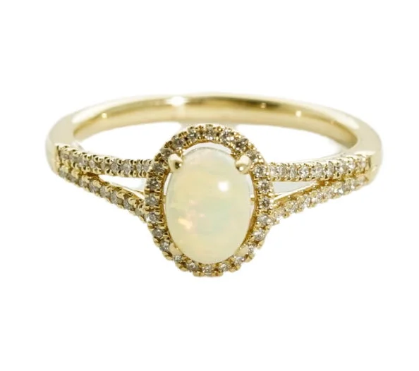 women's gemstone halo engagement rings-14K Yellow Gold 0.50ct Opal & 0.20cttw SI1 G-H Diamond Ring by RJM