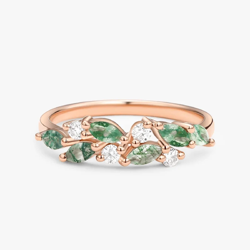 women's engagement rings-Moss Agate Marquise Cut Wedding Band Rose Gold Ring