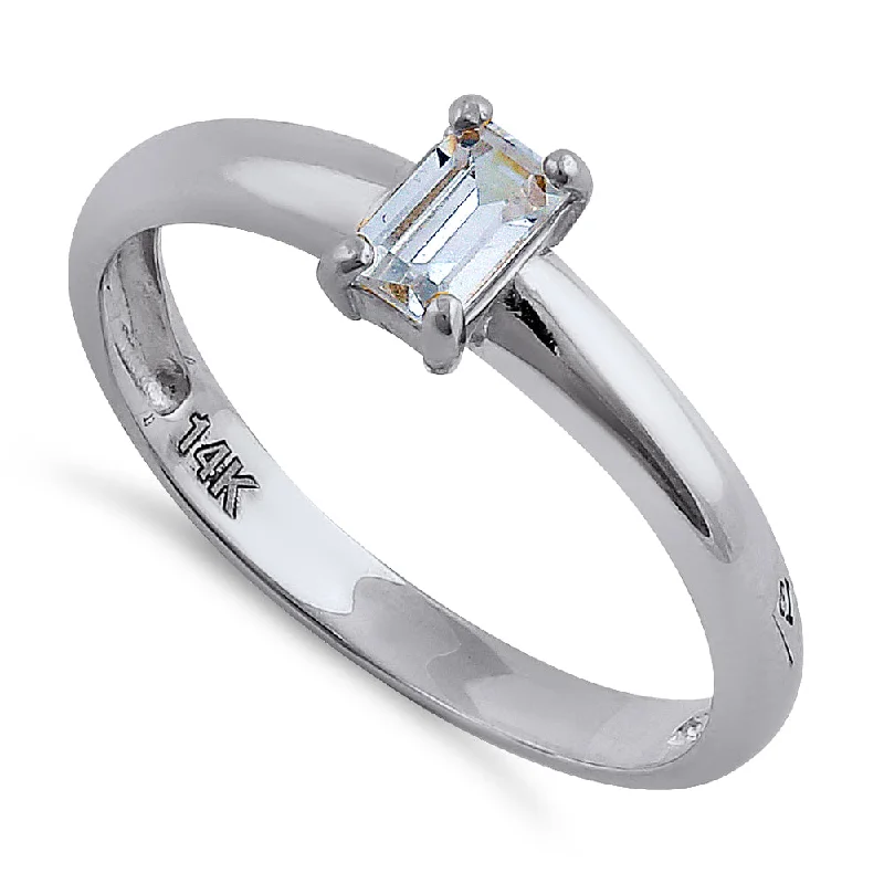 women's topaz engagement rings-Solid 14K White Gold Baguette Straight Cut CZ Engagement Ring