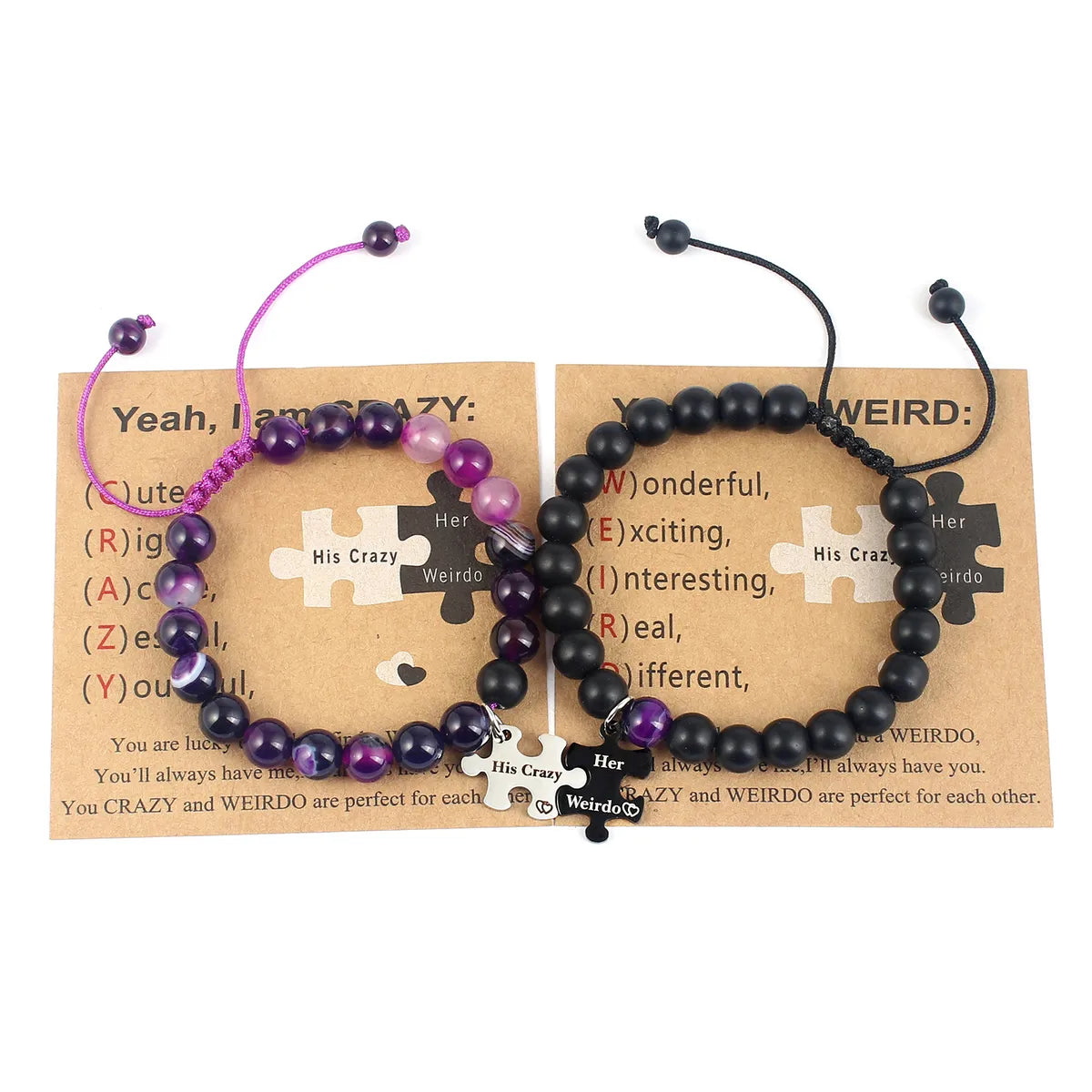 Black Frosted Purple Agate Couple Bracelets Pairs plus Card