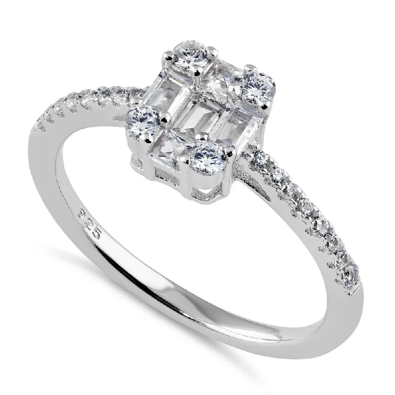 women's bezel-set engagement rings-Sterling Silver Baguette Princess & Round Cut CZ Engagement Ring