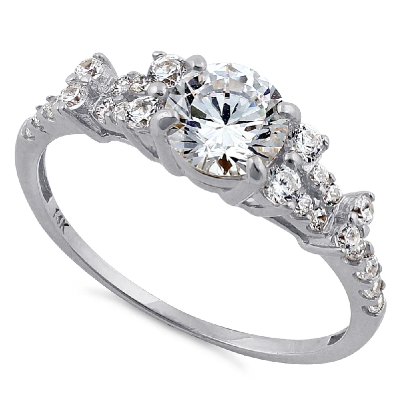 women's baguette engagement rings-Solid 14K White Gold Engagement Round Clear CZ Ring