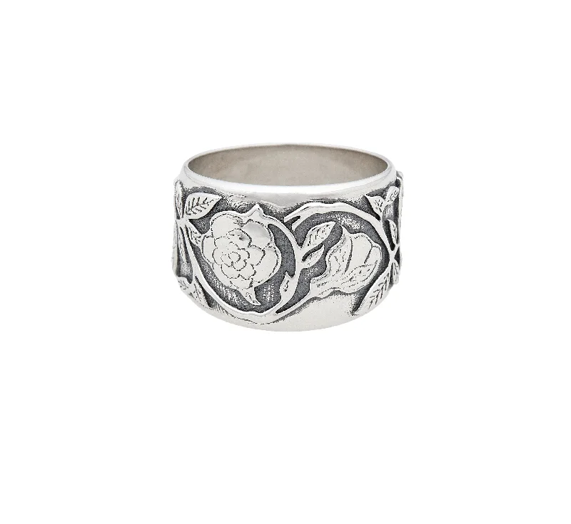 women's wedding rings-Silver Rose Vine Wide Band