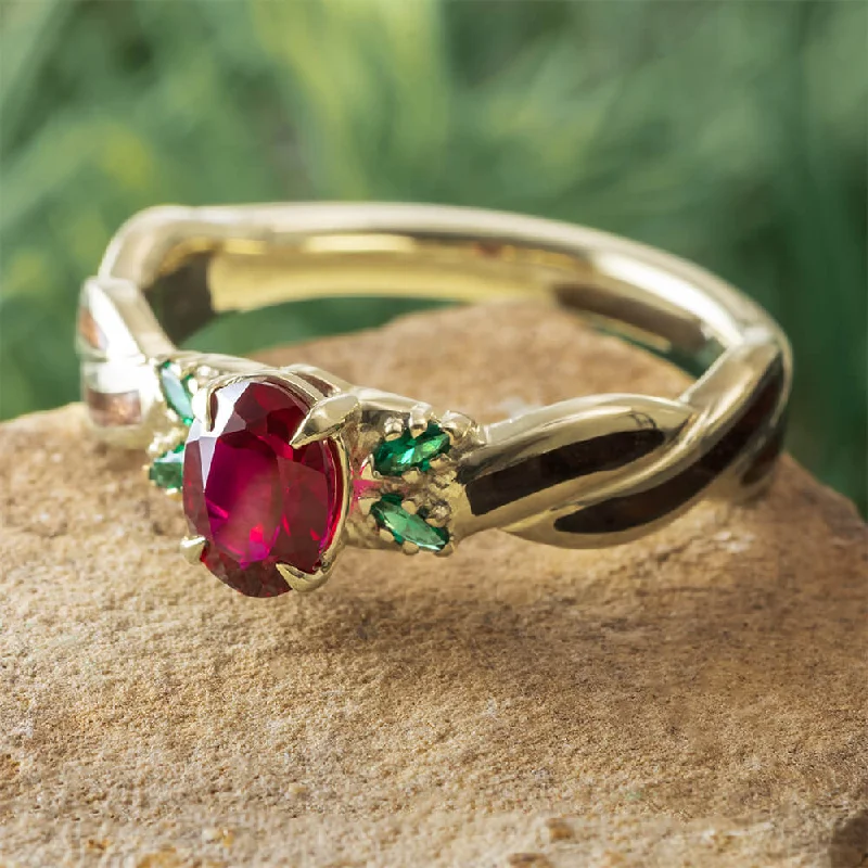 women's leaf rings-Redwood, Ruby, and Emerald Engagement Ring in White Gold