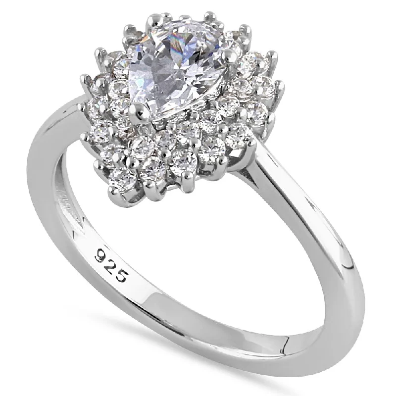 women's modern engagement rings-Sterling Silver Elegant Pear Halo Round Cut Clear CZ Engagement Ring