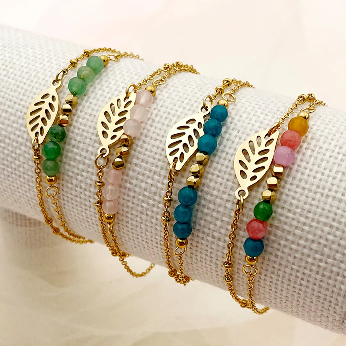 women's moon bracelets-Elegant Sweet Simple Style Leaves Stainless Steel Artificial Crystal Beaded Layered Plating Gold Plated Bracelets