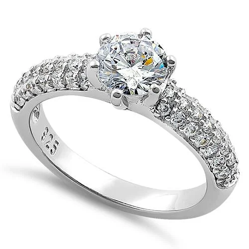 women's high-set engagement rings-Sterling Silver Marvelous Round Cut Clear CZ Engagement Ring