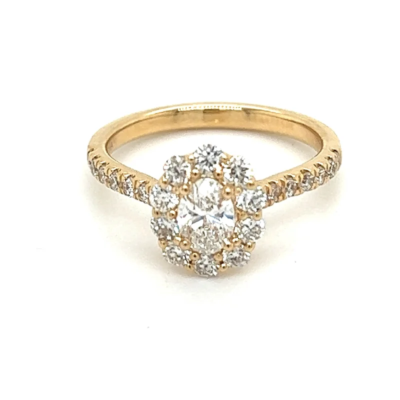 women's asymmetrical engagement rings-Yellow Gold Oval Lab Grown Diamond Engagement Ring with Halo