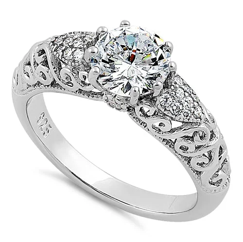 women's stackable engagement rings-Sterling Silver Majestic Filigree Round Cut CZ Engagement Ring