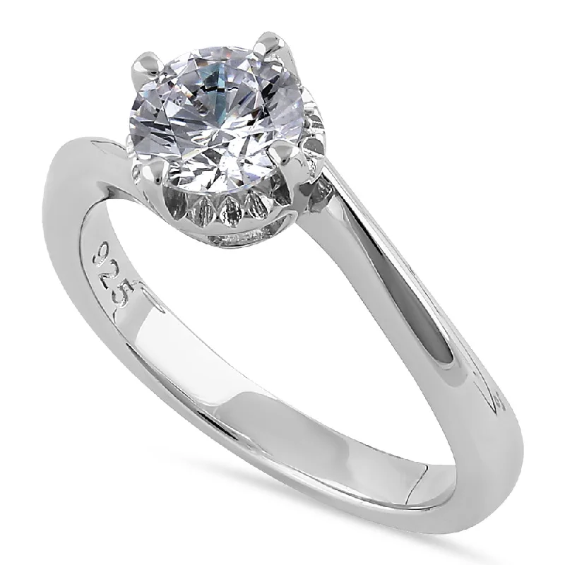 women's astrology engagement rings-Sterling Silver Single Stone Curve Round Cut Clear CZ Engagement Ring