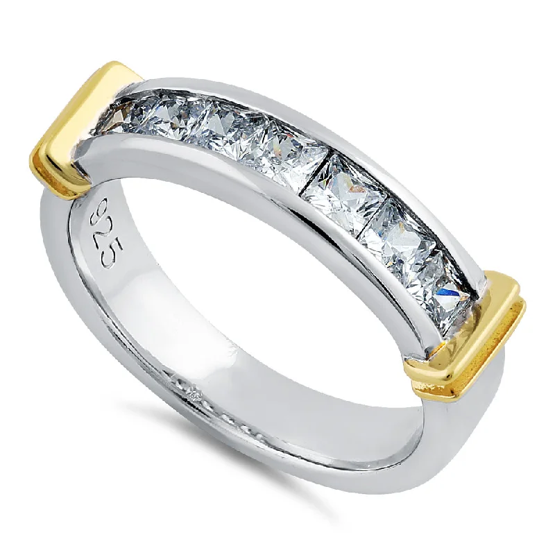 women's double-band engagement rings-Sterling Silver Men's Two Tone Yellow Gold Wedding Band CZ Ring