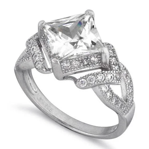 women's cushion-cut engagement rings-Sterling Silver Engagement Pave CZ Ring