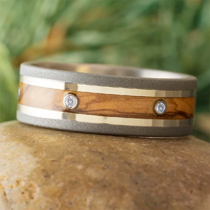 women's trendy rings-Custom Eternity Band with Olive Wood and White Gold Pinstripes