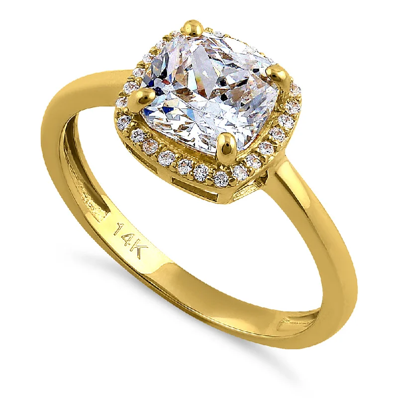 women's heart-shaped engagement rings-Solid 14K Yellow Gold Cushion Cut Halo CZ Engagement Ring