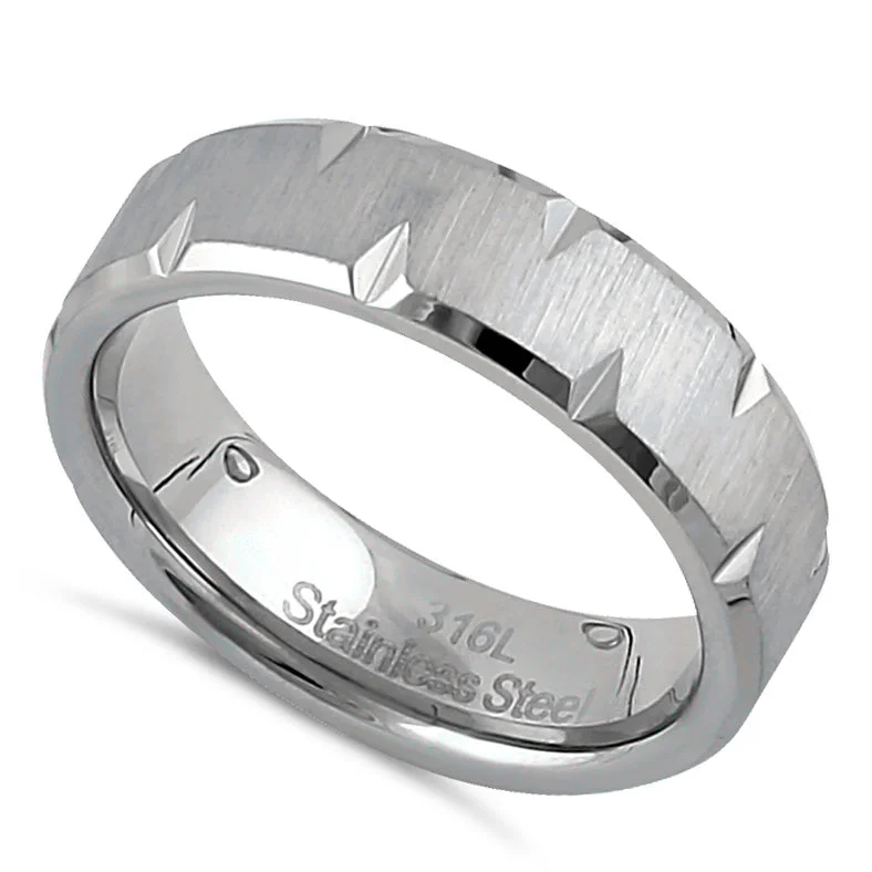 women's sustainable engagement rings-Stainless Steel Men's 6mm Brushed Diamond Cut Wedding Band