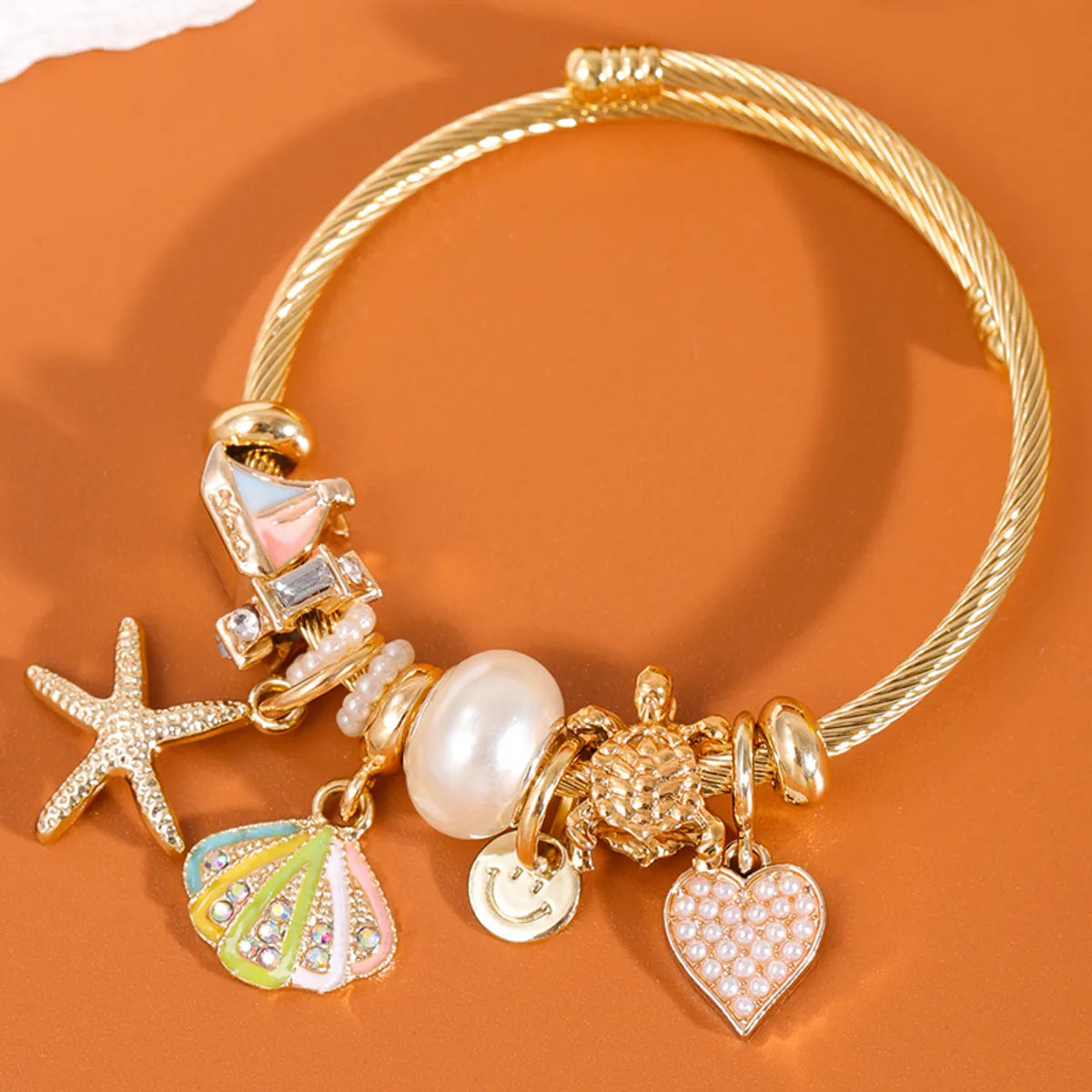 women's bold bangles-Cute Lady Sweet Starfish Heart Shape Alloy Inlay Pearl Women'S Bangle