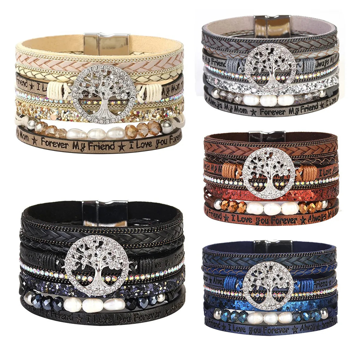 women's bangle bracelets-Retro Ethnic Style Life Tree Artificial Crystal Pu Leather Imitation Pearl Braid Women'S Bracelets