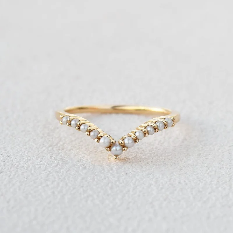 women's gold engagement rings-Natural Pearl Curved Wedding Band