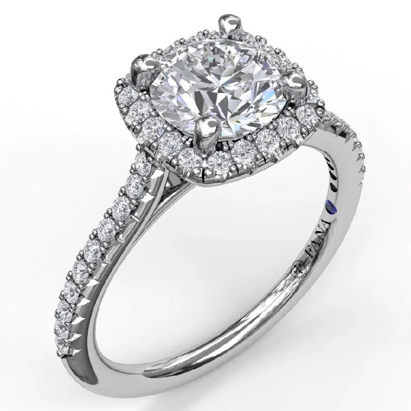 women's floating diamond engagement rings-Delicate Cushion Halo Engagement Semi-Mount Ring With Pave Shank