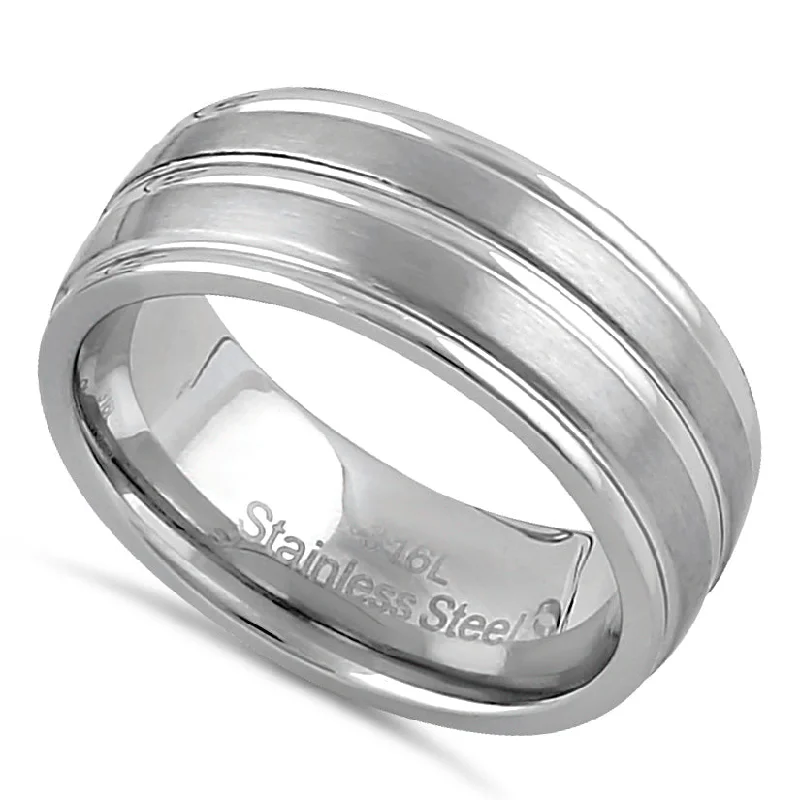 women's emerald engagement rings-Stainless Steel Men's 8mm Brushed Polish with Grooves Wedding Band