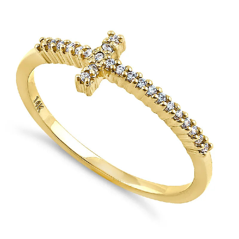 women's tension-set engagement rings-Solid 14K Yellow Gold Cross 0.13 ct. Diamond Ring