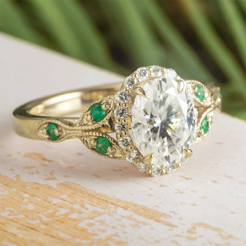 women's platinum rings-Vintage Style Engagement Ring with Moissanite Halo and Emeralds