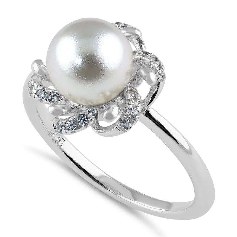 women's vintage engagement rings-Sterling Silver Floral Shell Pearl CZ Engagement Ring