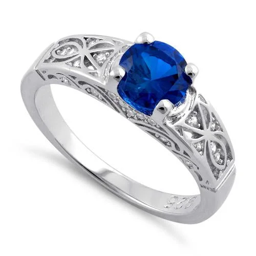 women's yellow gold engagement rings-Sterling Silver Blue Spinel Round Cut Engagement CZ Ring