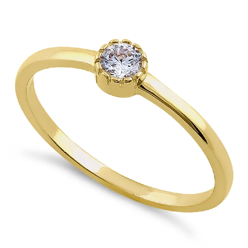 women's white sapphire engagement rings-Solid 14K Yellow Gold Round Cut Inlay CZ Engagement Ring