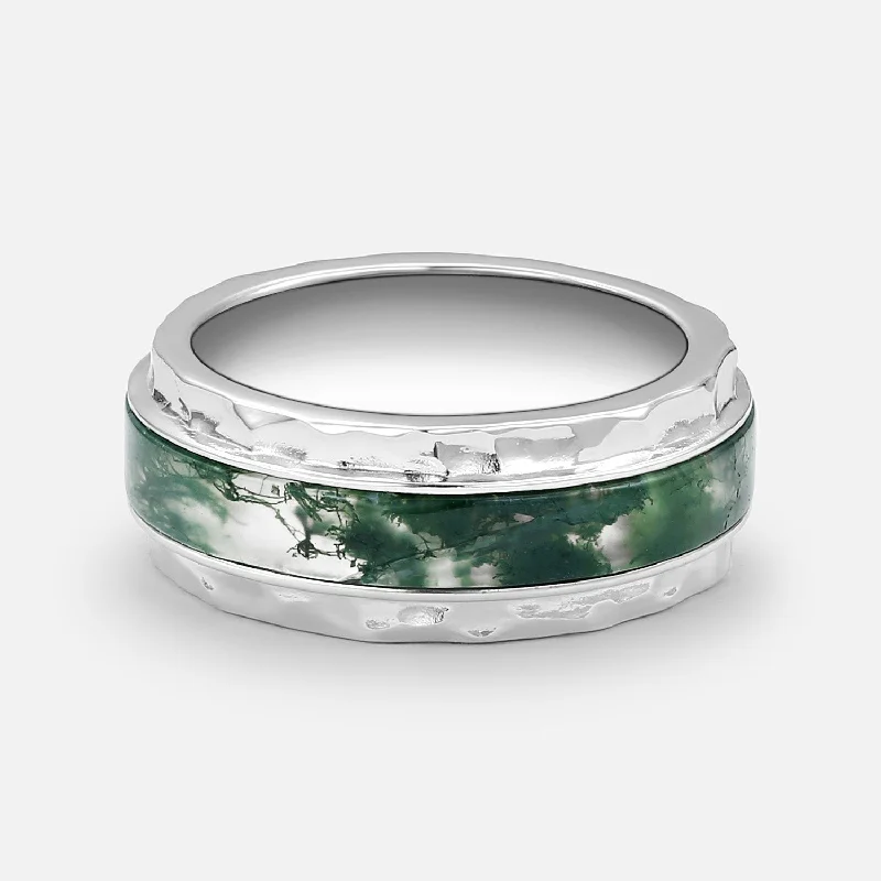 women's high-set engagement rings-Moss Agate Inlay Couple Men's Wedding Band