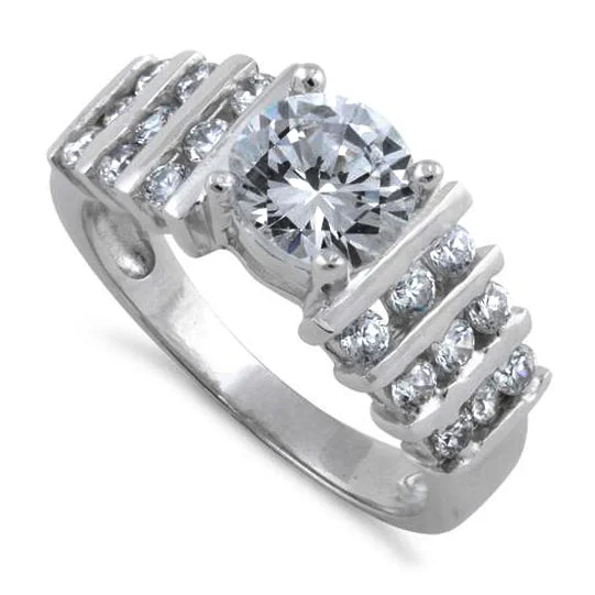 women's low-profile engagement rings-Sterling Silver Clear Round Cut Engagement CZ Ring