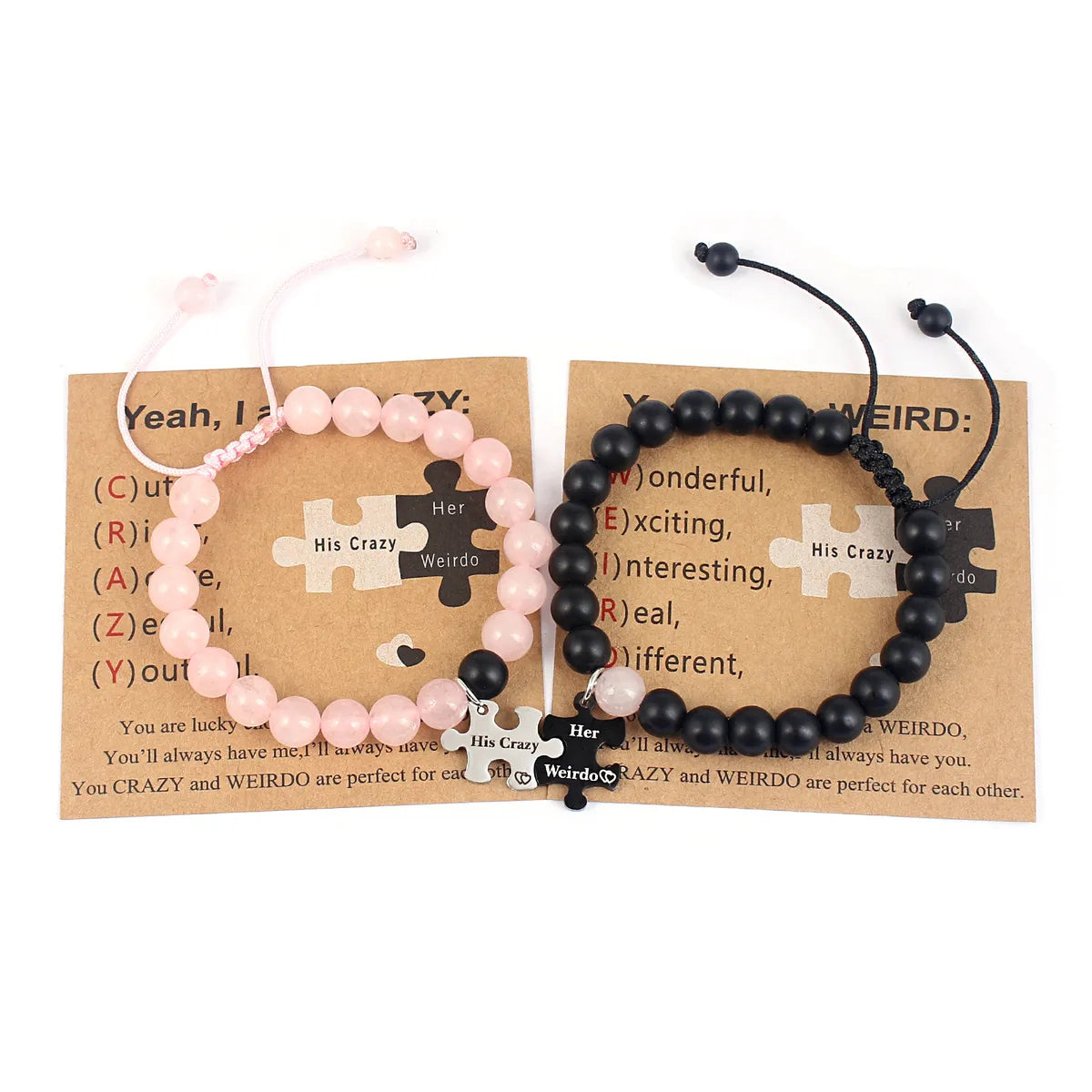 Black Matte Pink Crystal Couple Bracelets Pair plus Card